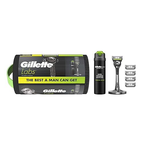 Gillette Labs With Exfoliating Bar Razor, 1 Handle, 5 Blades, Includes Premium Magnetic Stand, Gillette Labs Shave Gel, Washbag Gift set