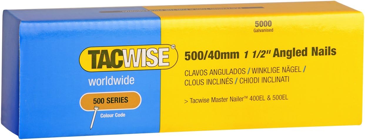 Tacwise 0827 Type 500 (18G) / 40 mm Galvanised Angled Brad Nails for 400ELS, 26° Incline, Pack of 5,000, Silver, 40mm