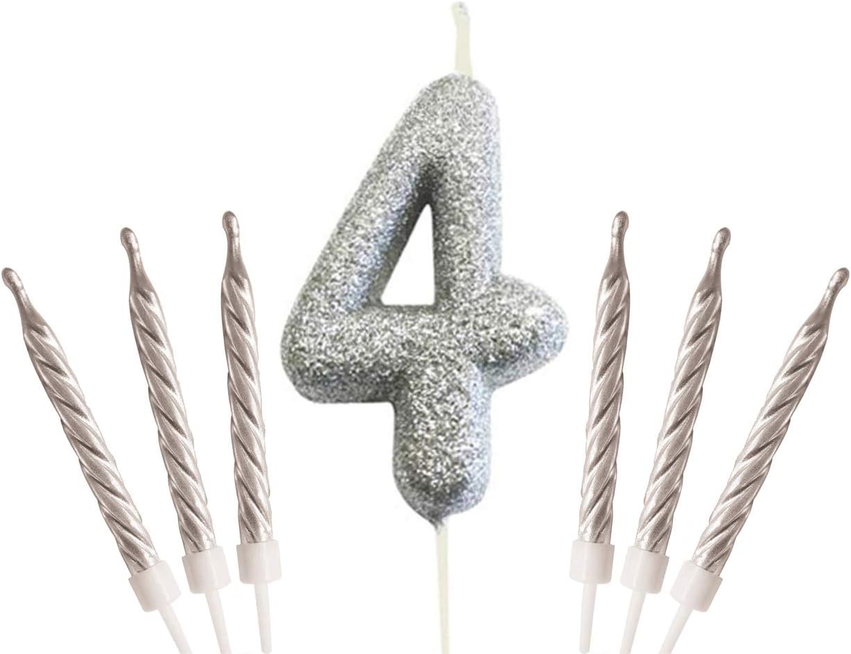 Gadget GiantSilver Number 4 4th Birthday Cake Sparkling Glitter Candle & 6x Metallic Cake Candles Toppers