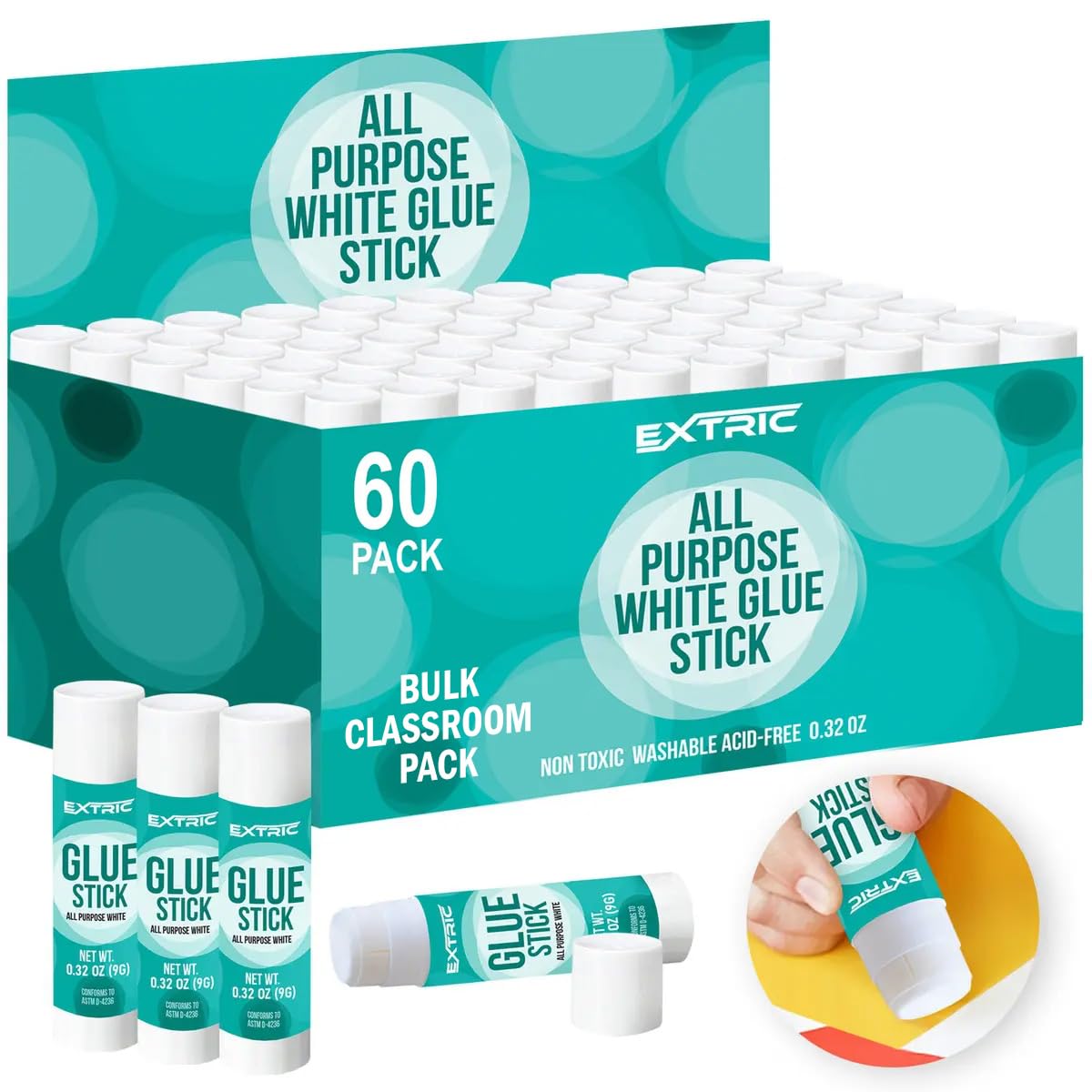 Glue Sticks Bulk Classroom, White Glue Sticks for Kids 60 Count, 0.32 Ounce, Washable All Purpose, for Kids, School and Home