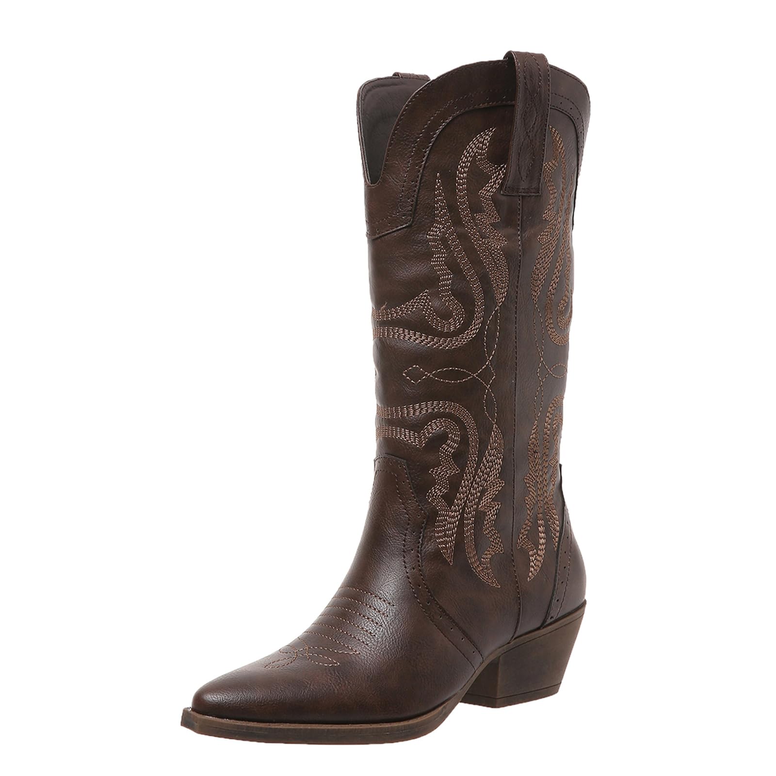 Photo 1 of Cowboy Boots for Women Cowgirl Mid Calf Western Boots Embroidered Stitched Pointed Toe Chunky Block Heel Brown Red Black US5-11, dark brown, 8