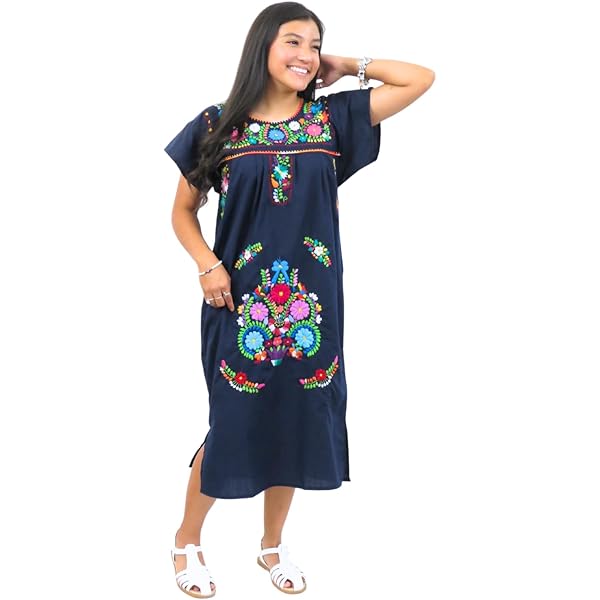 Mexican Dress Puebla Hand Embroidered (Navy Blue, Small) at Amazon Women's Clothing store Mexican Dress Puebla Hand Embroidered (Navy Blue, Small) at Amazon Women's Clothing store