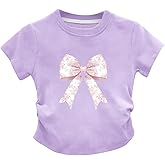 KEEVICI Cute Pink Bow Preppy Shirts for Girls Kids Aesthetic Graphic Tees Coquette T Shirt Summer Cotton Tops