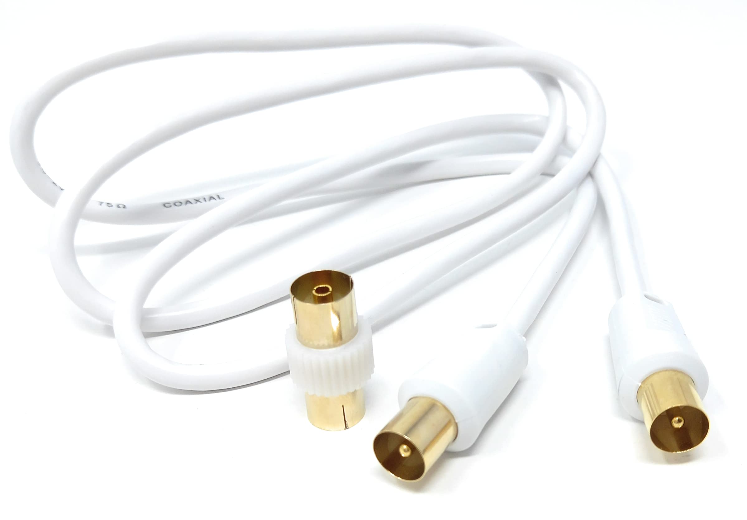 DRUT 1m TV RF Male to Male Aerial Antenna Coaxial Cable With Female to Female Coupler, Gold Connectors 75 ohm, 3C2V 3.3ft White