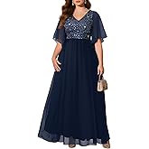Pinup Fashion Women Plus Size Formal Dresses - Sequin Evening Gown Prom Wedding Guest Floor Length Dress