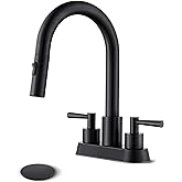 FELIXBATH Bathroom Sink Faucet with Pull Out Sprayer 2 Handles, Matte Black Pull Down Bathroom Faucet 3 Holes, 4 Inch Black Faucet Bathroom, 360 Degree Swivel Spout, Pop Up Drain Assembly Included