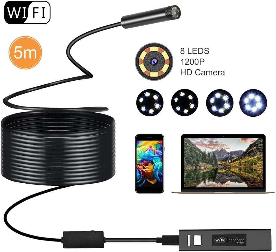 LESHP Wireless Endoscope, WiFi Borescope Inspection Camera 2.0 Megapixels HD Snake Camera for PC/Latop/Computer/Android/IOS Smartphone/iPhone,/Samsung, 16.4 ft (5 m)