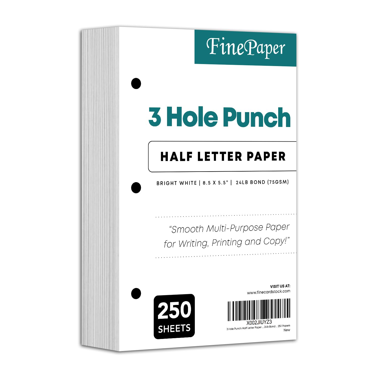 3 Hole Punch Half Letter Paper, Bright White Sheets, For 3 Ring Binders and Clipboards | 8.5 x 5.5 Inches | 24lb Bond, 60lb Text, 90 GSM | 250 Papers Per Pack