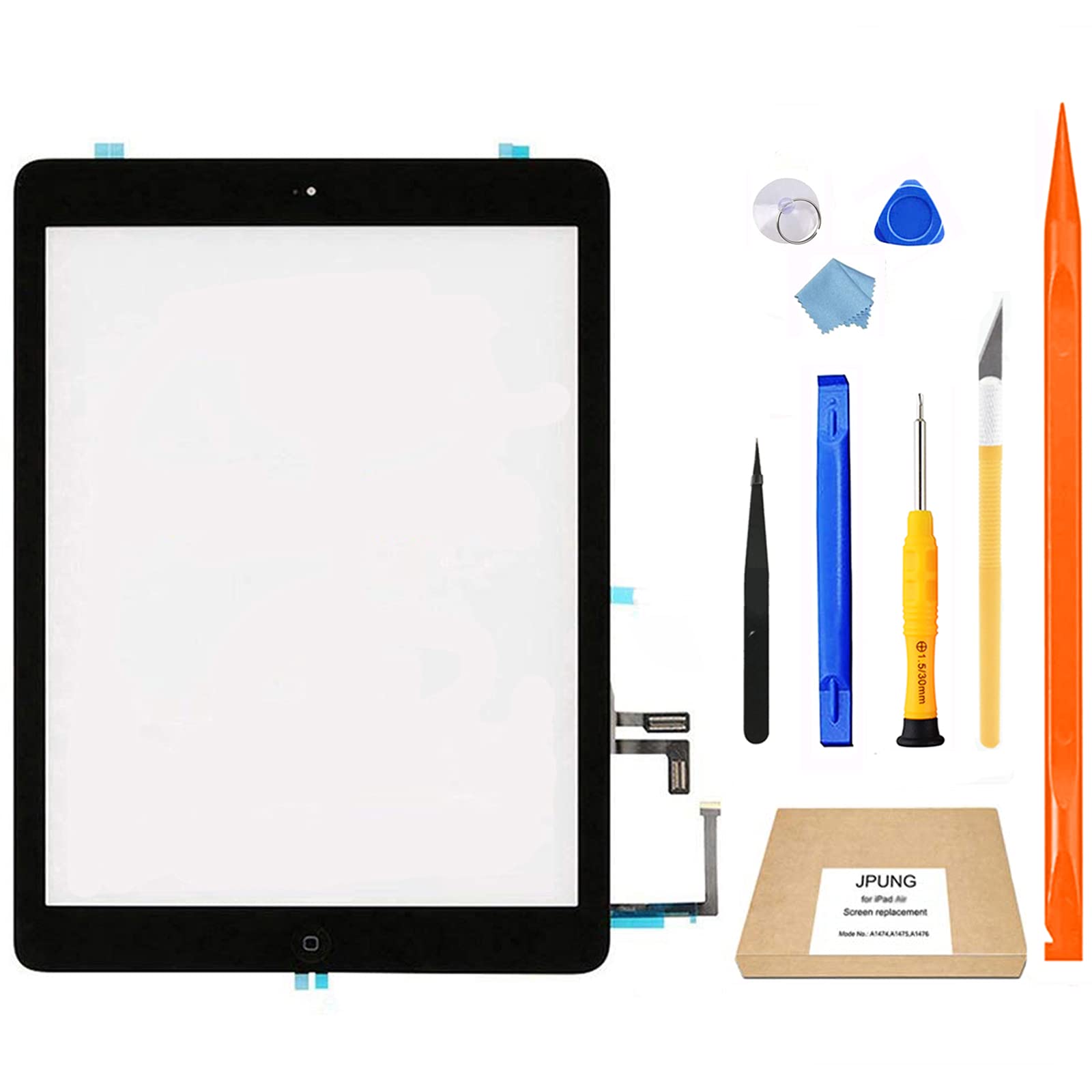 JPUNG for iPad Air 1st Gen (Model A1474 A1475 A1476) Digitizer Glass Touch Screen Replacement, for iPad Air 1st Generation (2013 Released), with Home Button, Complete Repair Tools Kit[NO LCD]