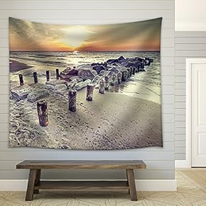 Retro Vintage Style Beautiful Sunset Over Baltic Sea Coast, Miedzyzdroje in Poland. - Fabric Wall Tapestry Home Decor - 51x60 inches