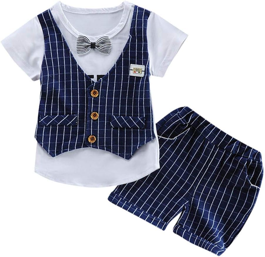 2Piece Toddler Baby Boy Gentleman Suit, Rose Print Short Sleeve T-Shirt Shorts Pants 18M-6Y,Fashion Style Outfit Set (Dark Blue, 18-24Months)
