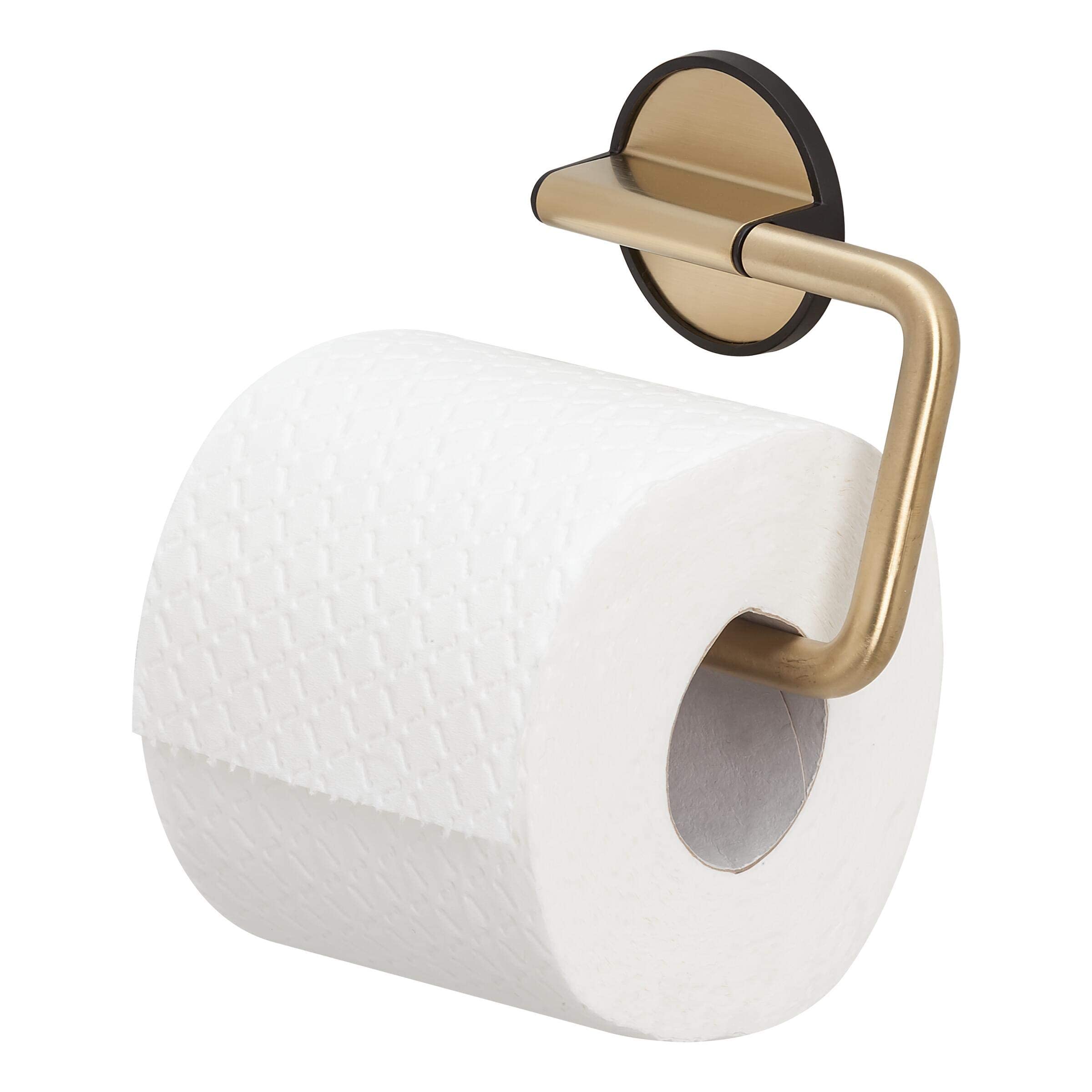 Tiger Tune Toilet Roll Holder, No Drilling Required Thanks to 3M Self-Adhesive Backing System, Optional Mounting with Screws and Plugs, Brass Brushed, Black, 15 x 10 x 2.6 cm