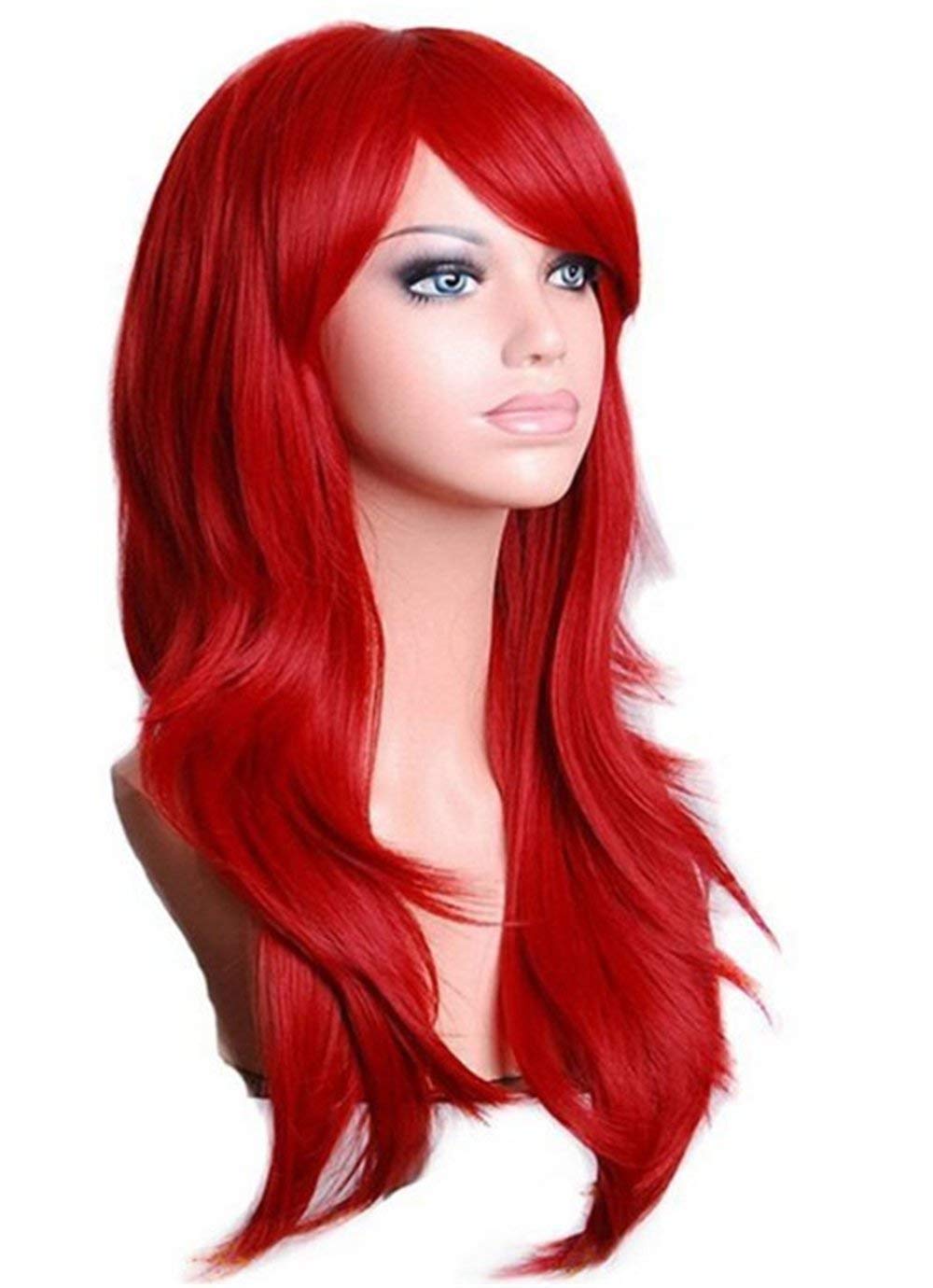 AMYHOME 28" 70cm Women's Cosplay Wig Long Wavy Hair Curly Colourful Party Costume Halloween Wig Fringe Bangs Heat Resistant with Wig Cap, Red