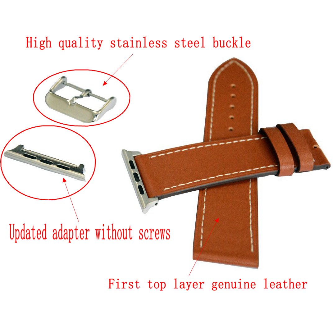 For Apple Watch Band 38mm,OMO Genuine Leather Iwatch Band Replacement Strap with Buckle Adapters for Apple Watch Series 3 Series 2 Series 1 Sport Edition 38mm Brown
