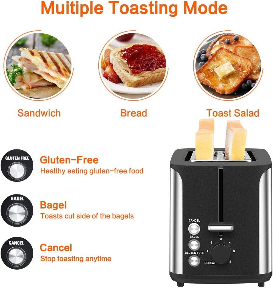 2 Slice Toaster Stainless Steel Bread Toasters 7 Toasting Browning Shade Settings with Extra Wide Slot and Removable Crumb Tray, Bagel/Cancel/Gluten Free/Reheat Function, 900 Watt, Sliver&Black: Kitchen & Dining