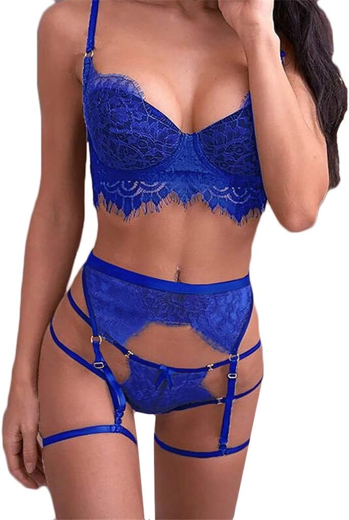 Women Sexy Thin Up Lingerie with lace Garters Underwear Push Up Bra Sets Sexy Lace Lingerie Set with Garter Belts Strap Babydoll Bralette Bra and Panty Set