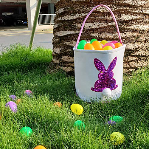 Poptrend Easter Basket Bags,Easter Eggs/Gift Baskets for Kids,Bunny Tote Bag Bucket for Easter Eggs,Toys, Candy,Gifts (Purple Paillette)