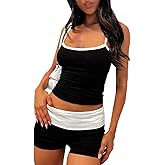 Piacakece Women 2 Piece Lounge Set Crop Camisole and Fold Over Shorts Pajama Sets Two-Piece Loungewear Sleepwear Pjs