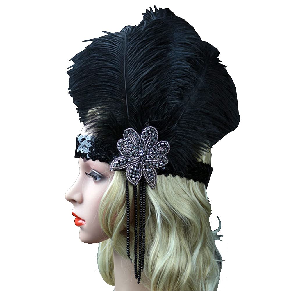 IBLUELOVER Black Feather Flapper Headband Ladies Retro Elegant Headdress with Crystal Sequins Beaded Headpiece Vintage Hair Accessories Halloween Costume Headwear for Cocktail Tea Party