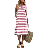 Mieazom Women's Striped Summer Dress Casual Lapel Collared V Neck Sleeveless Side Slit Midi Dresses Loose Fit with Pockets