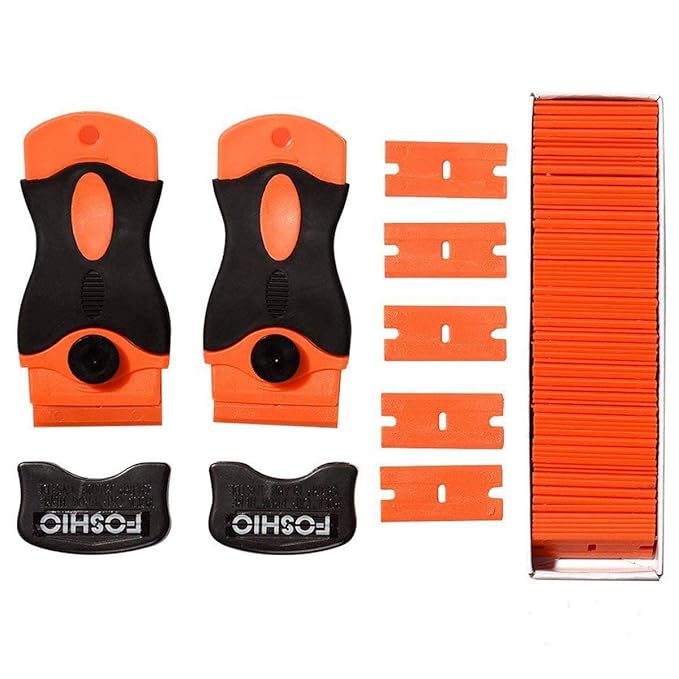 FOSHIO 2er Set Schaber Pro mit 100pcs Kunststoffklingen, Sicherer Multifunktionaler Schaber für Auto / Fenster / Glas / Ceran