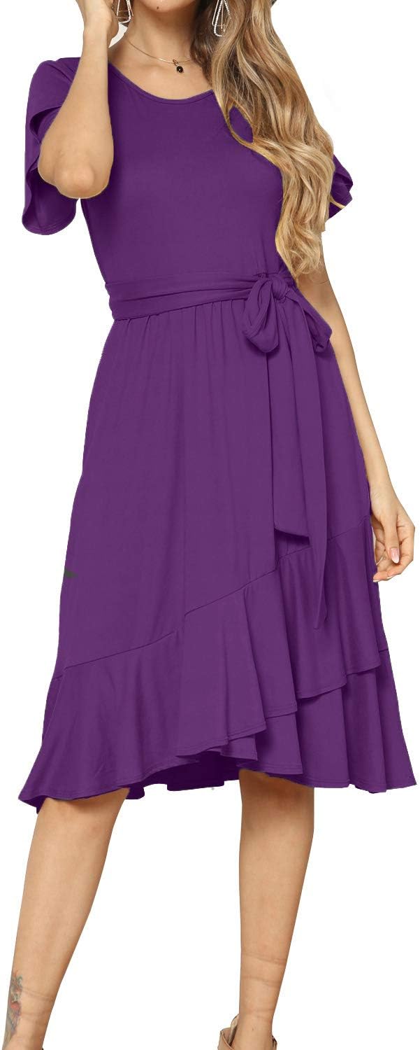 levacaWomen's Plain Casual Flowy Short Sleeve Midi Dress with Belt