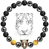 Karseer Tiger Head Gemstone Bracelet, Semi Precious Natural Crystals and Healing Stones Original Design Beaded Bracelet for Men Women, Yoga Meditation Prayer Chakra Bracelet for Stress Relief