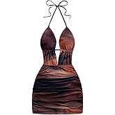 GORGLITTER Women's Mesh Beaded Halter Mini Dress Cocktail Party Tie Backless Y2K Night Out Bodycon Dress