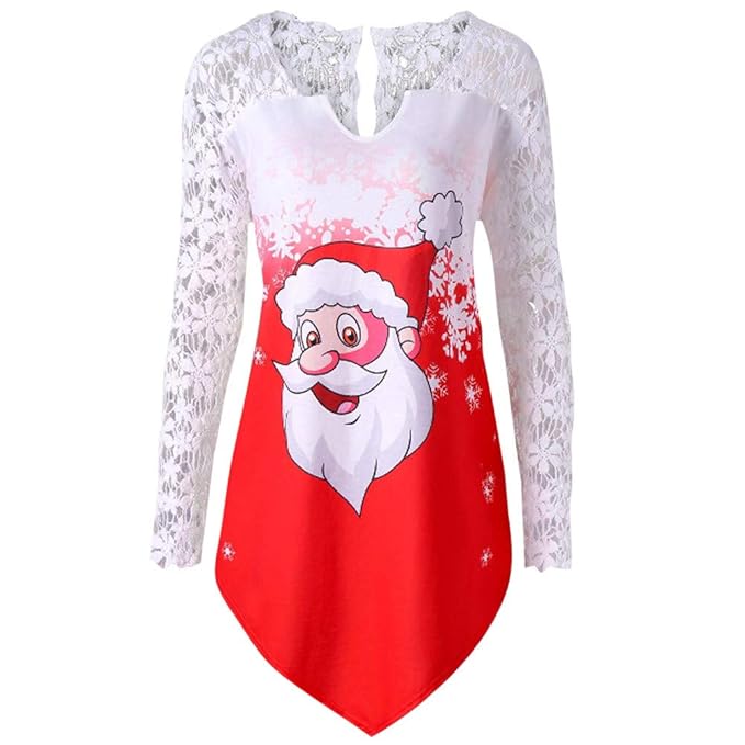 JURTEE Weihnachtskostüme Mode Damen Fröhlich Weihnachten Spitze Panel Weihnachtsmann Claus Drucken T-Shirt Oberteile Bluse We