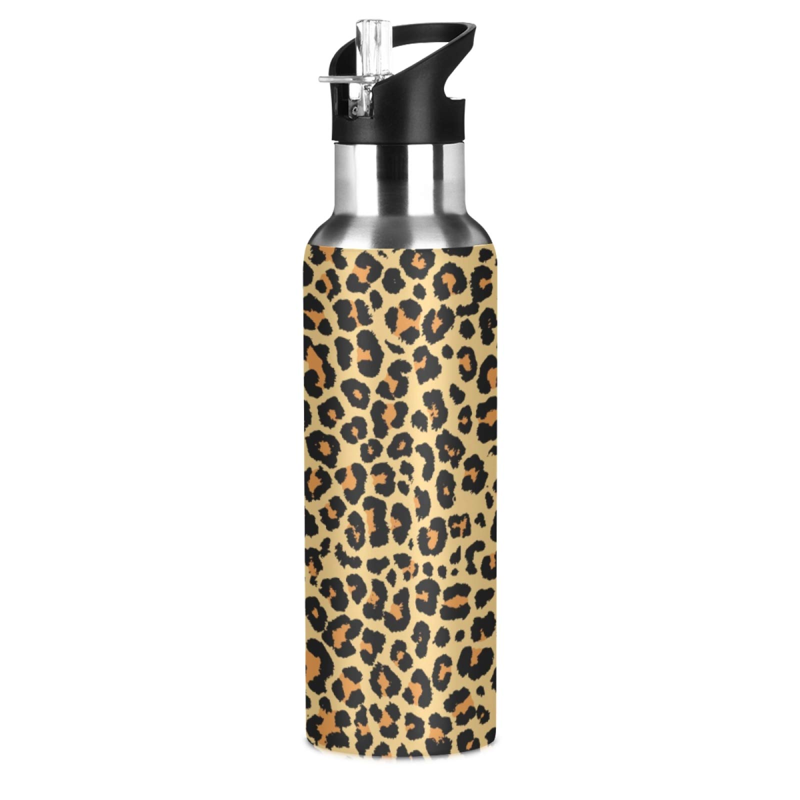 JUMBEAR Brown Leopard Print Water Bottle Acuum Insulated Stainless Steel Leakproof Wide Mouth with Straw Lid for Fitness Gym and Outdoor Sports 22OZ