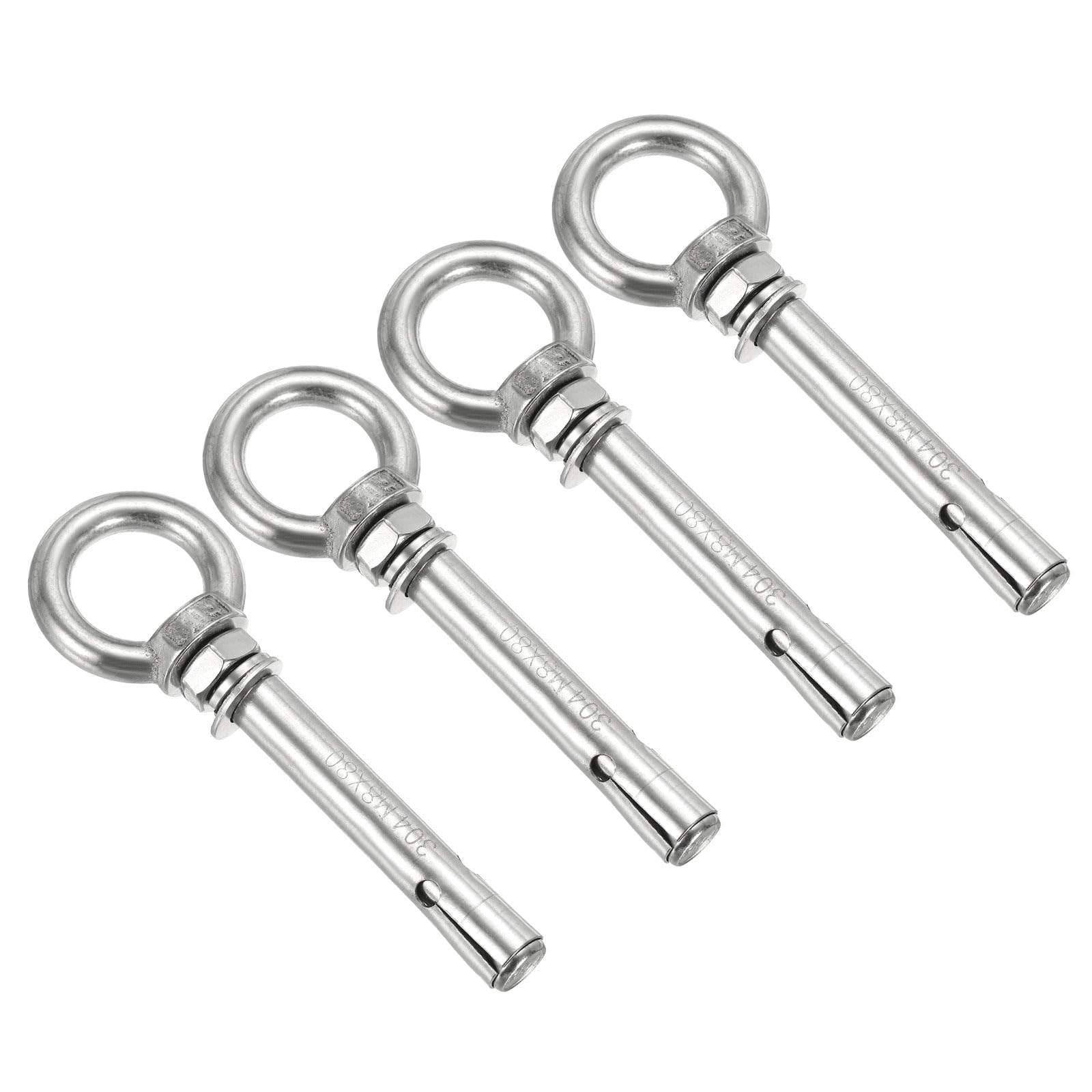PATIKIL Expansion Eye Bolt M8x80mm, 4 Pack 304 Stainless Steel Shoulder Anchors Eyebolt Screw with Eye Ring for Concrete Brick Walls Canopy Engineering Rigging Silver