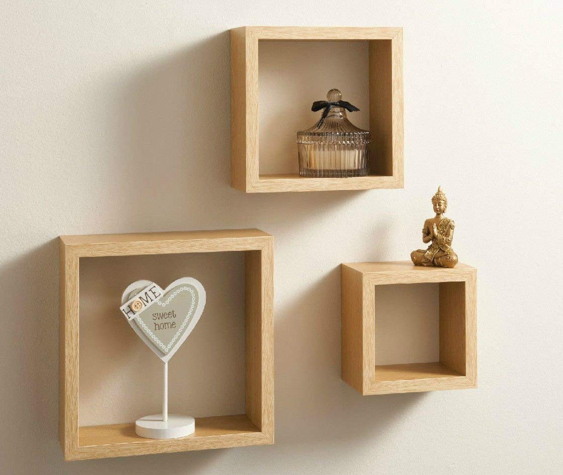 Modern Set of 3 Floating Wall Shelves Cube Shelf Oak Amazon.co.uk DIY