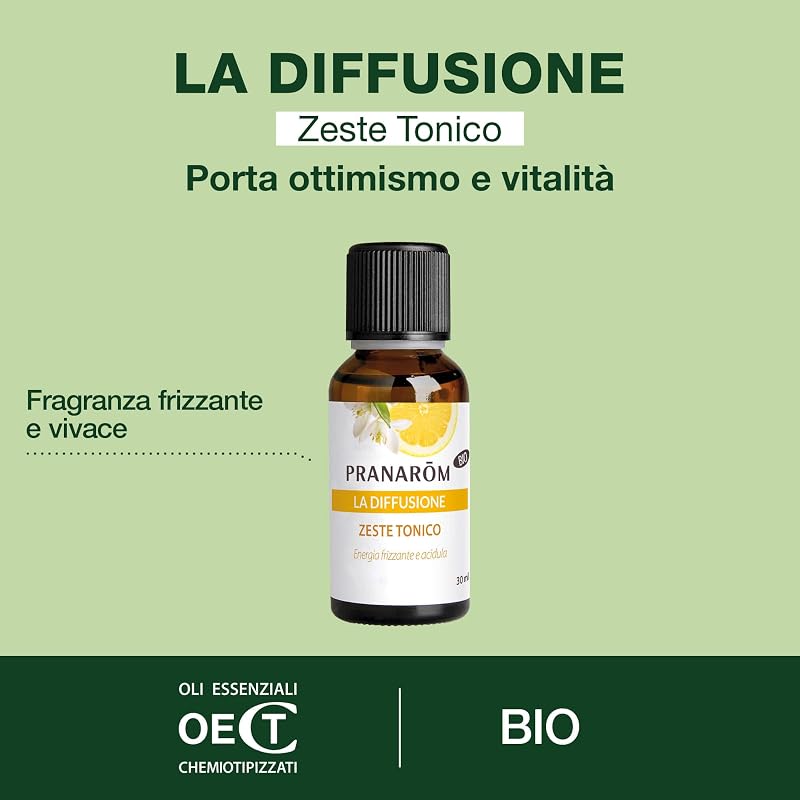 Pranarôm - La Diffusione - Fragranza per ambienti biologica - Zeste Tonico - Oli Essenziali per Diffusione - Limone e Bergamotto - Fragranza frizzante e piccante - 30 ml