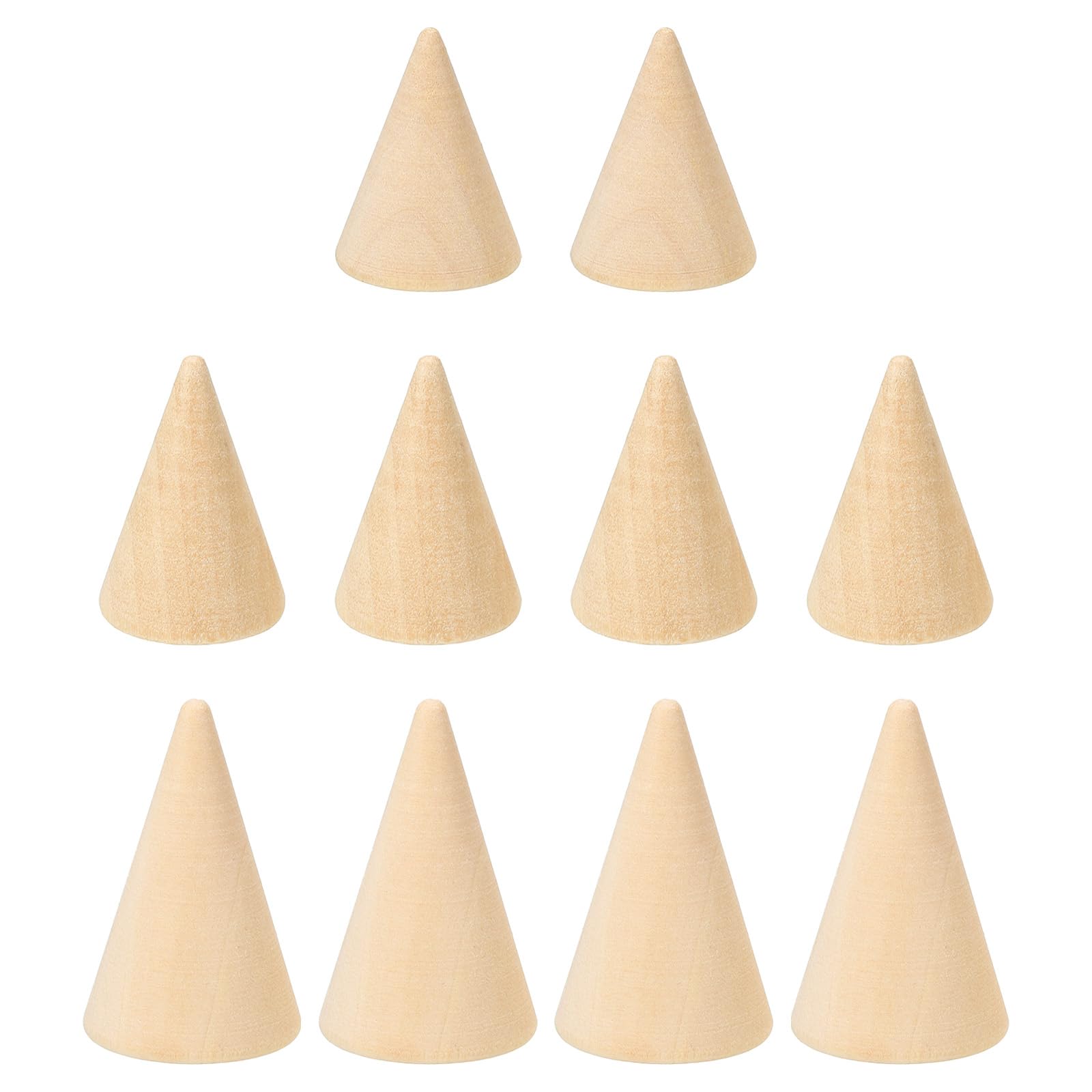 PATIKIL Natural Wood Cone Ring Holder, 10 Pack Finger Jewelry Display Stand Organizer Unpainted Wooden Cones for DIY Craft 3 Size, Brown