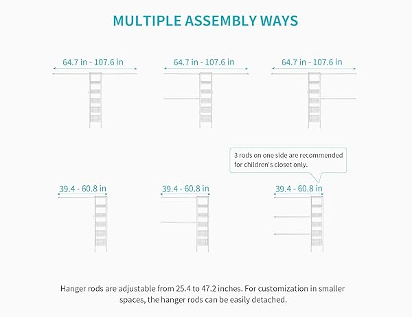 ULIF M1 CLOSET STORAGE ORGANIZER SYSTEM, 6 TIERS HEAVY DUTY METAL GARMENT RACK WITH 3 EXPANDABLE HANGER RODS, WALL MOUNTED SPACE SAVER SUITS FROM 5.4-8.7 FT. WIDTH, 71.2”H X 14”D, 700LBS, WHITE
