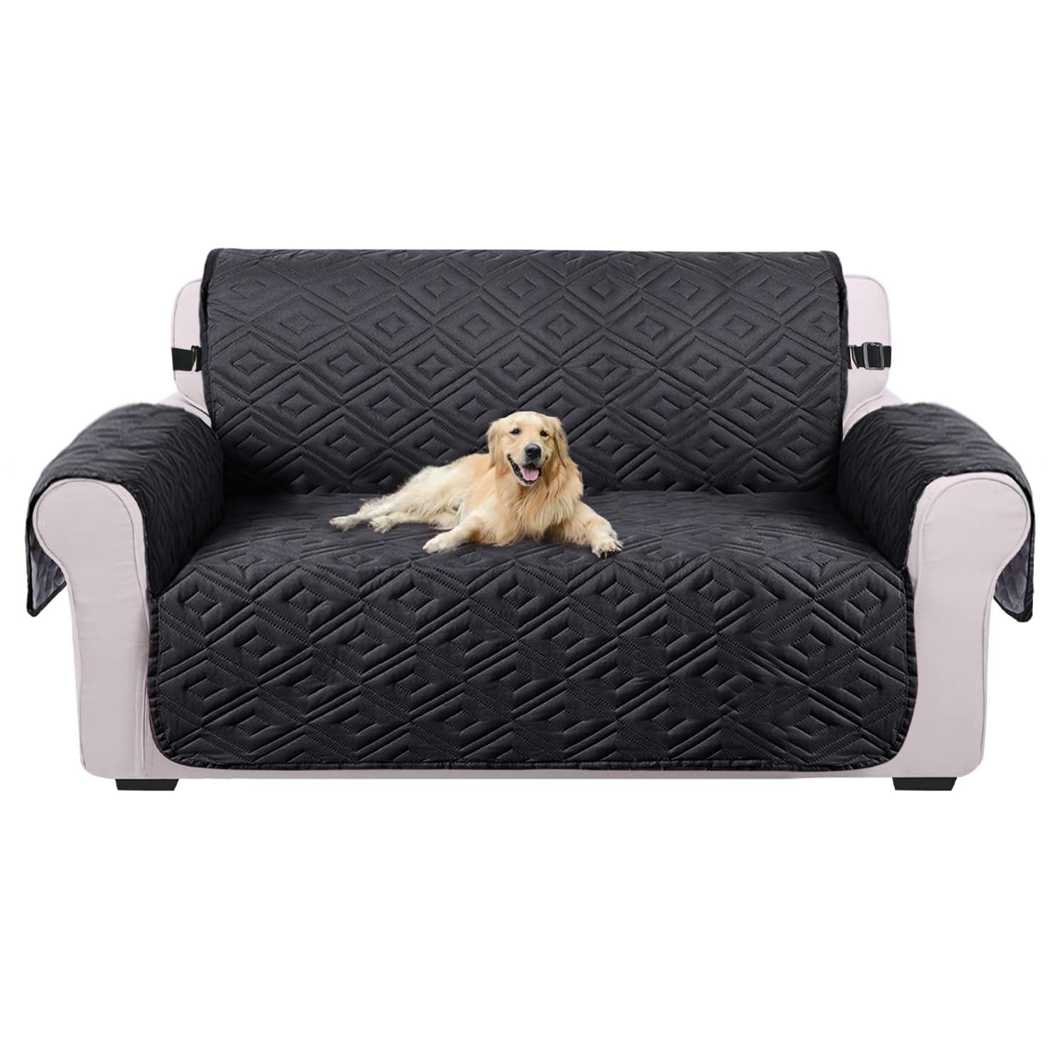 Imperial Rooms Sofa Cover 2 Seater Black - Dark Grey Non Slip Sofa Slipcovers 100% Water Resistant Reversible Quilted Sofa Protectors from Pets/Dogs, Adjustable Elastic Strap Couch Covers (Loveseat)