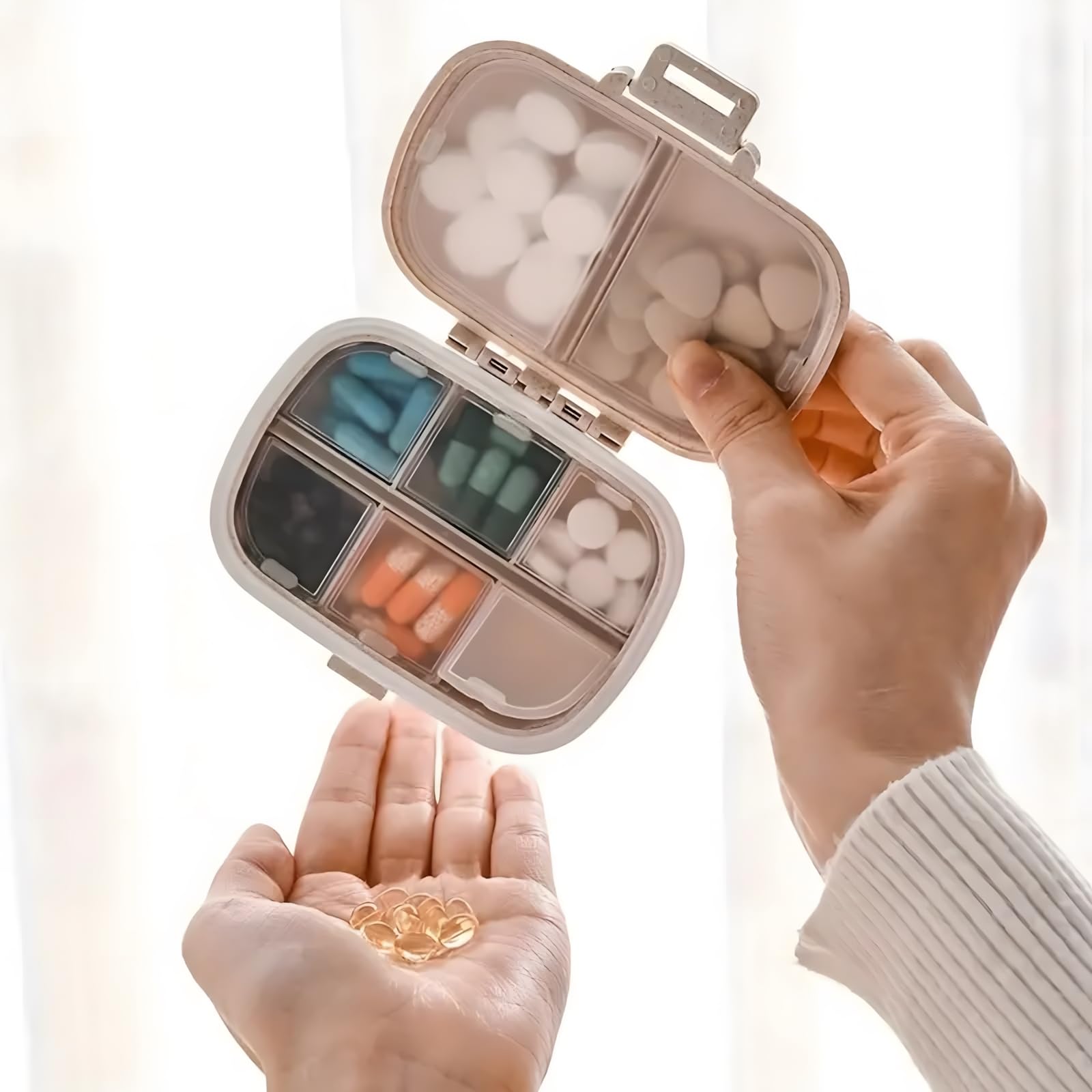 Photo 1 of Pill Organizer, 8 Compartments Portable Pill Case, Easy-to-Open Portable Moisture-Proof and Waterproof Travel Pill Organizer, for Pocket?Travel?Beige?