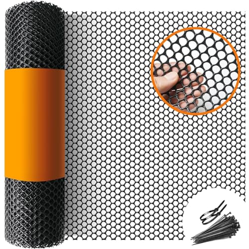 NUOWEI Valla De Plástico Negro, 15,7 Pulgadas x 5 Metros Red Protectora, Malla De Plástico Para Uso En El Jardín o En La Finca, Apta Para Gallinas, Gatos, Perros, Conejos Etc （50 Negro Bridas）