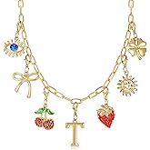 Initial Charm Necklace for Women, Evil Eye Four-Leaf Clover Sun Bow Cherry Strawberry Removable Charms Necklace Paper Clip Chain Choker, Trendy Jewelry Birthday Christmas Gifts for Her (Letter T )