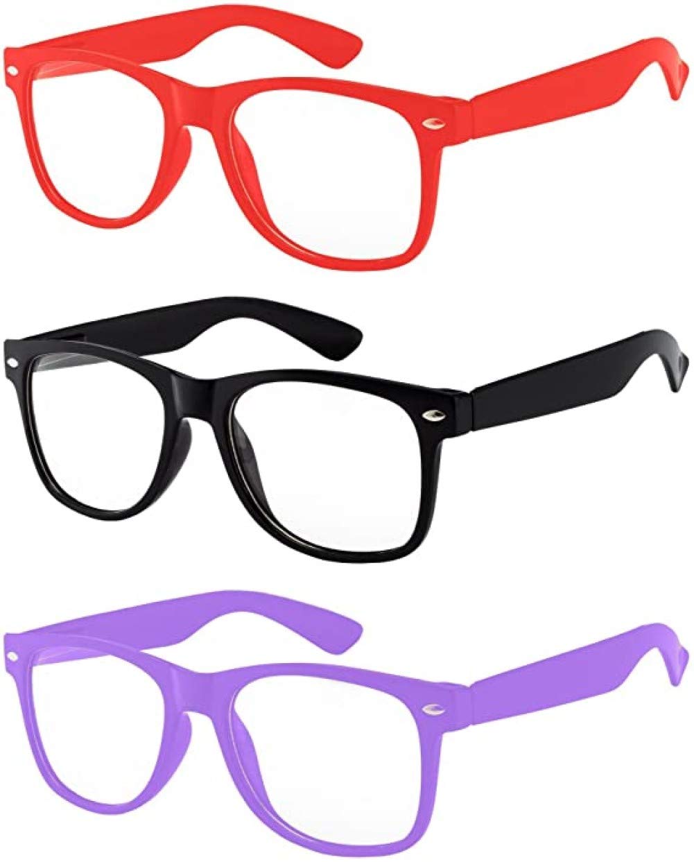 Boolavard 3 Pairs Kids Clear Lens Glasses Protect Child's Eyes from UVB UVA Blocking (Red, Black, Purple)