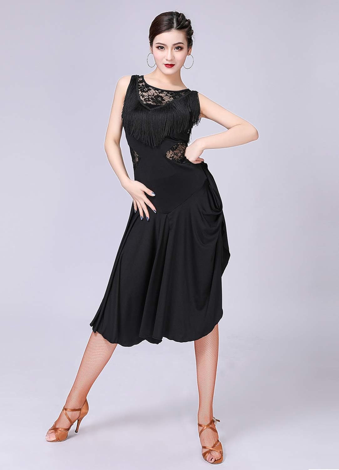 ZX Ballroom Dance Dresses for Women Fringed Lace Back Salsa Latin Dance Dress with Shorts (5 Colors): Clothing