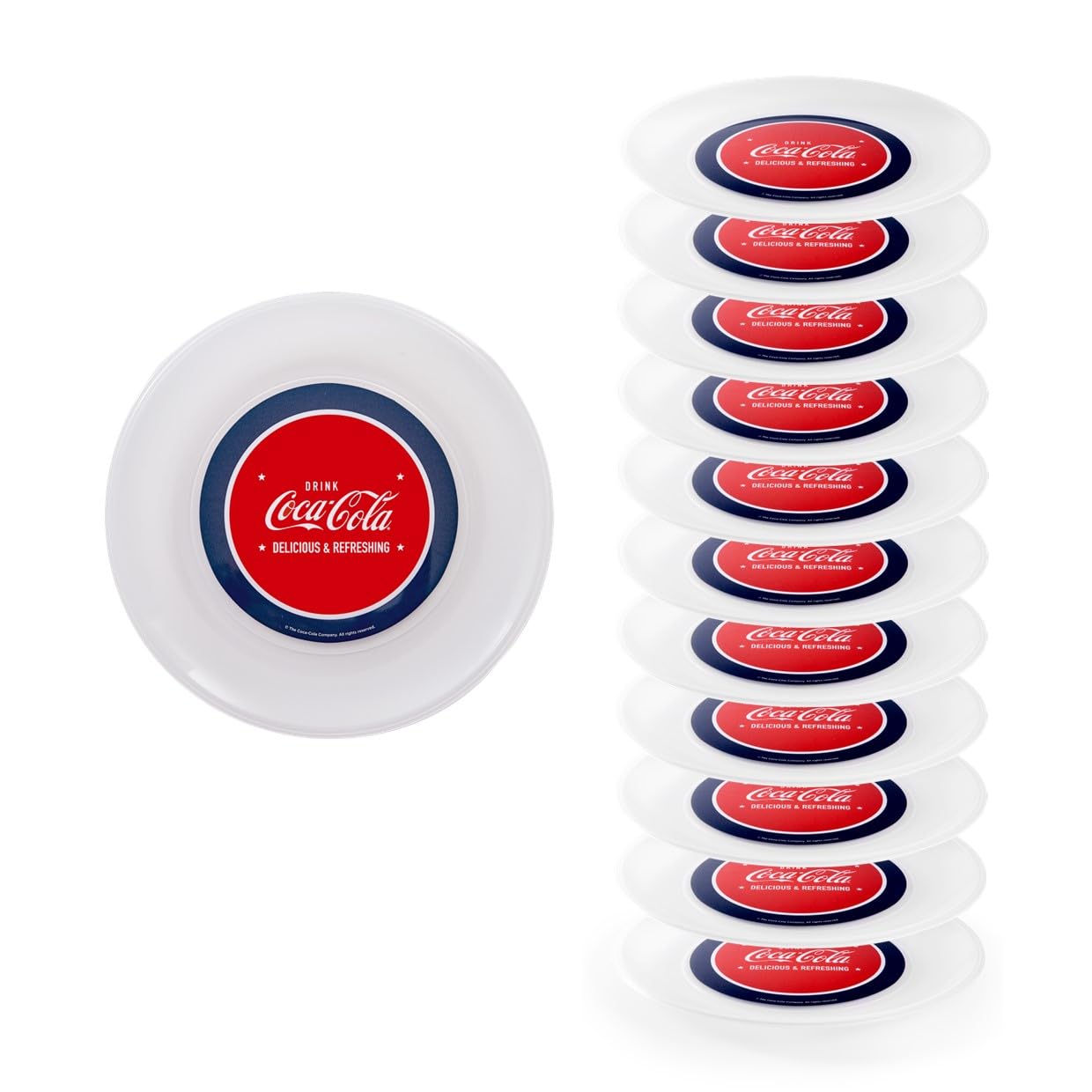 Snips, Set of 12 Plates Hard Plastic Washable, Plastic Plates, Reusable, Coca-Cola Decor, Diameter 23.5 cm, Made in Italy, 0% Bpa