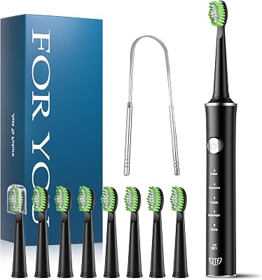 Brosse À Dents Électrique Sonique Pour Adulte – 5 Modes, 45 Jours D’autonomie, 8 Têtes De Brosse, Étanche Ipx7, Minuterie Intelligente, Adaptée Aux Voyages – Brosses À Dents Complet (Noir)
