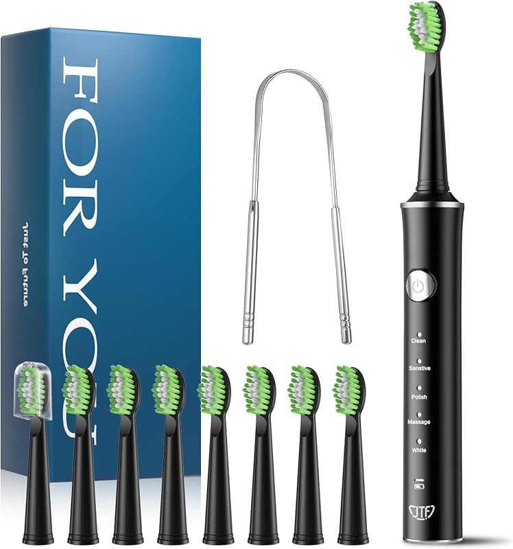 Cepillo de Dientes Eléctrico Sónico – Limpieza Profunda para Encías Sensibles, 5 Modos, 45 Días de Batería, 8 Cabezales, IPX7 Impermeable, Temporizador Inteligente, Ideal para Viajes (Negro)