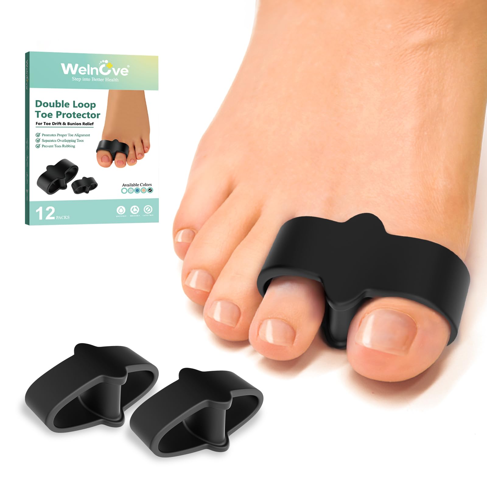 Photo 1 of Welnove Pack of 12 Bunion Corrector, Toe Separators with 2 Loops, Big Toe Spacer Suitable for Bunion and Overlap Toe (Black)