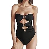 SherryDC Women's Cutout One Piece Swimsuit Bandeau Ruched Color Block High Waisted Bathing Suit with Removable Straps