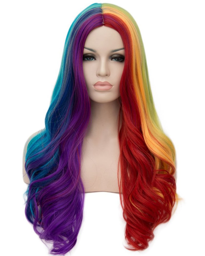 Tsnomore Long Wavy Curly multicolor wig rainbow wig Full Hair WigCosplay Party (Rainbow color)