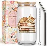 Cute Cat Book Drinking Glass Cup Gifts for Women Friends Mom Sister Writer,Bookish Gifts for Liberian,Book Club,Ginger Cats Gift for CatMom Lady,Drinking Glass Cup with Lid and Straw23