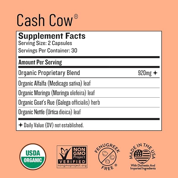 LEGENDAIRY MILK CASH COW LACTATION SUPPLEMENT, MORINGA, ALFALFA, AND GOAT’S RUE BREASTFEEDING SUPPLEMENT FOR MILK SUPPLY INCREASE, FENUGREEK-FREE, CERTIFIED ORGANIC, VEGAN, NON-GMO, 60 CAPSULES
