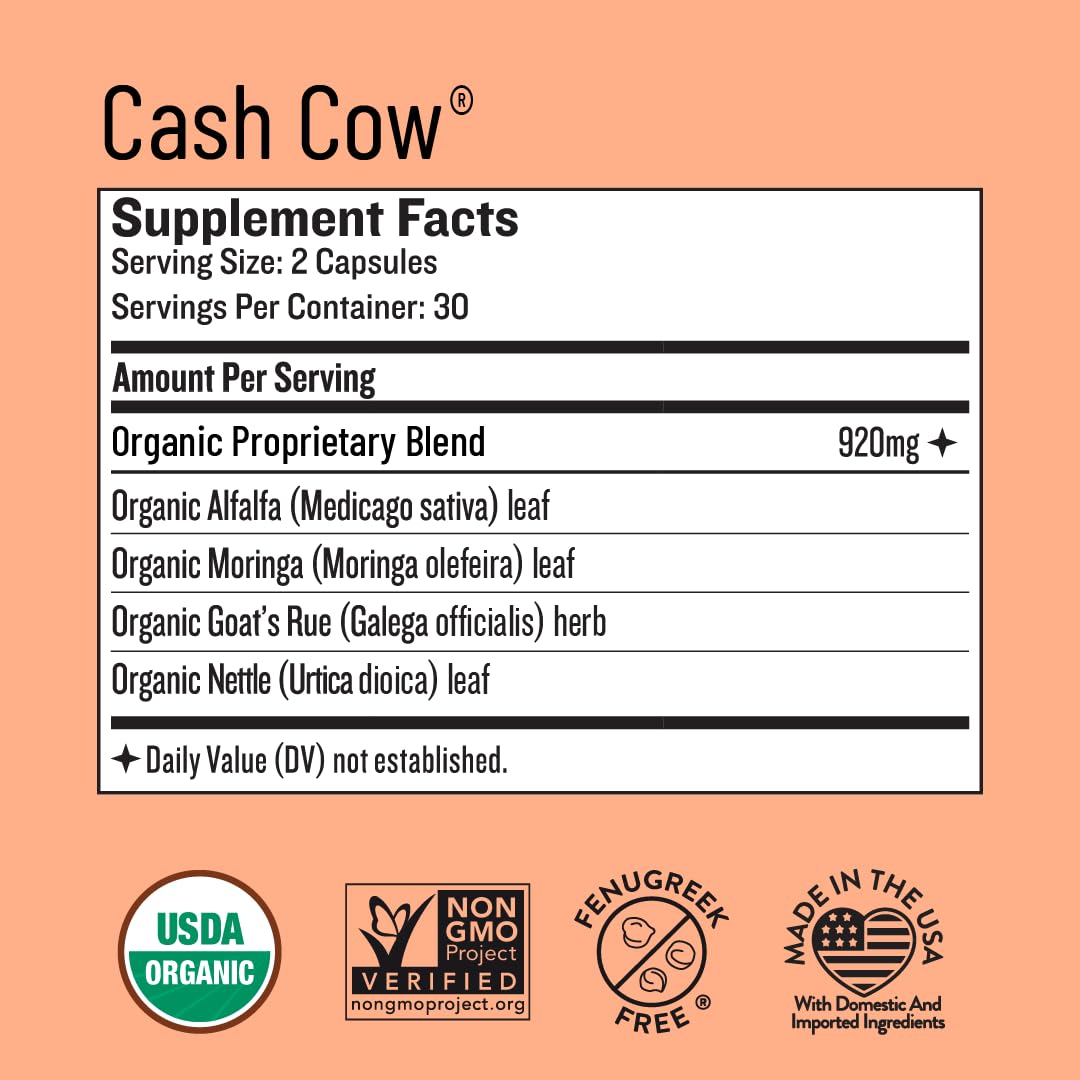 Legendairy Milk Cash Cow Lactation Supplement, Moringa, Alfalfa, and Goat's Rue Breastfeeding Supplement for Milk Supply Increase, Fenugreek-Free, Certified Organic, Vegan, Non-GMO, 60 Capsules